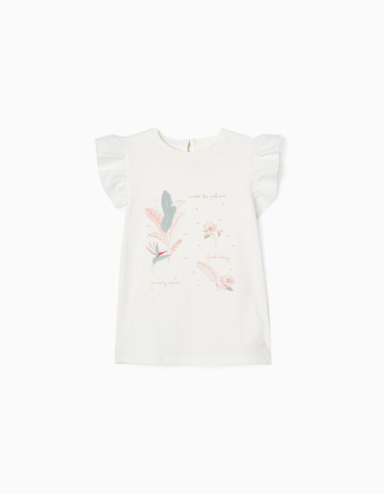 Cotton T-shirt with Frill Sleeves for Girls 'Flowers', White