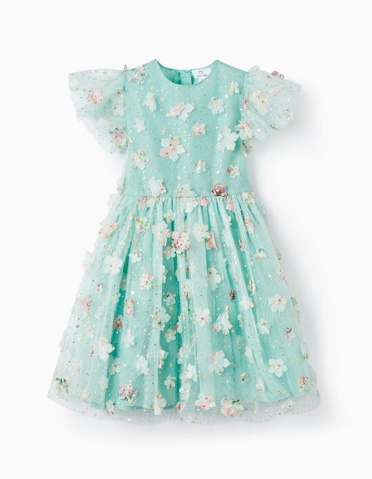 Dress with Tulle and Flowers for Girls, Mint/Gold