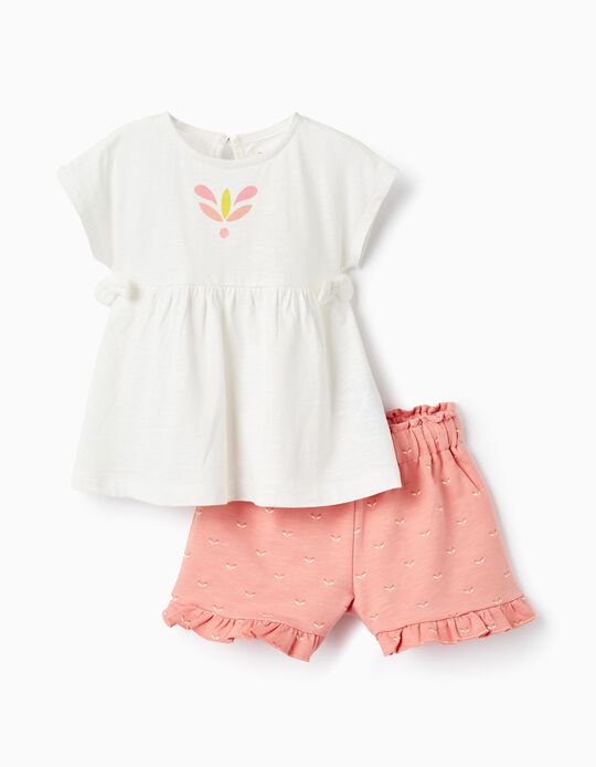 Comprar Online T-shirt + Calções para Bebé Menina, Branco/Coral