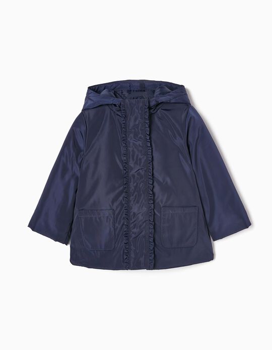 Padded Jacket with Hood and Ruffles for Baby Girls, Dark Blue