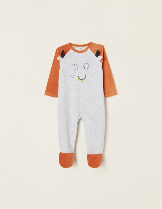 Velour Sleepsuit in Cotton for Babies, Orange/Grey