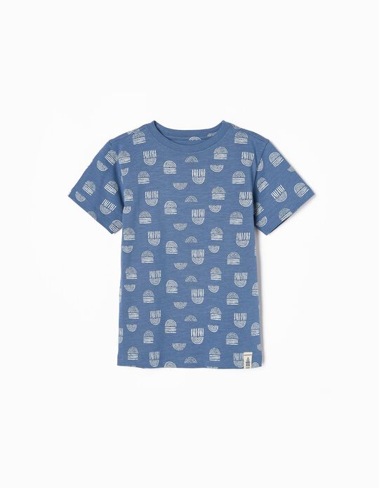 Cotton T-shirt with Pattern for Boys, Blue/White