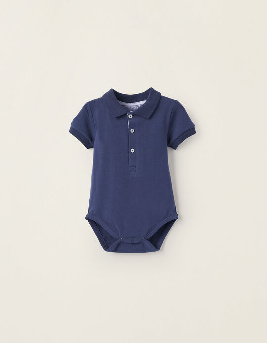Cotton Polo-Bodysuit for Newborn Boys, Dark Blue