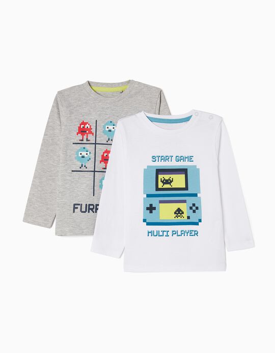 Pack 2 T-shirts de Manga Comprida para Bebé Menino 'Gaming', Branco/Cinza