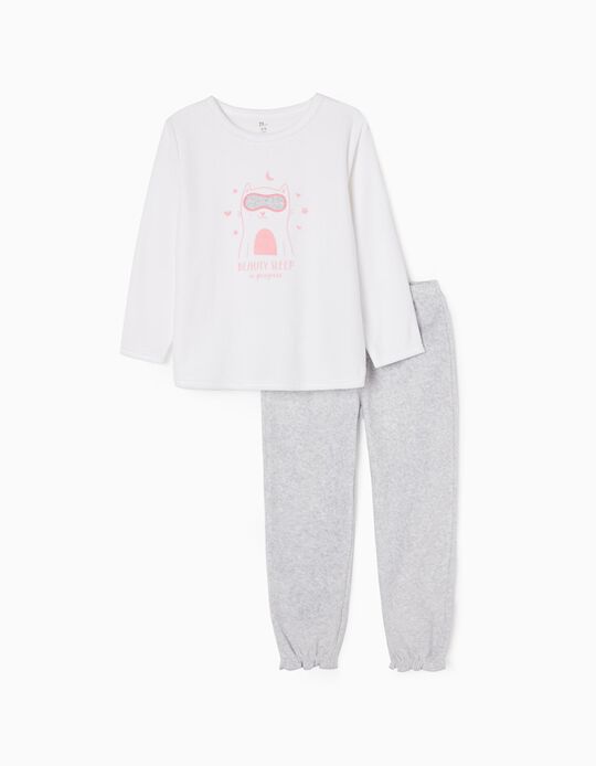 Pijama de Terciopelo de Algodón para Niña 'Beauty Sleep', Blanco/Gris