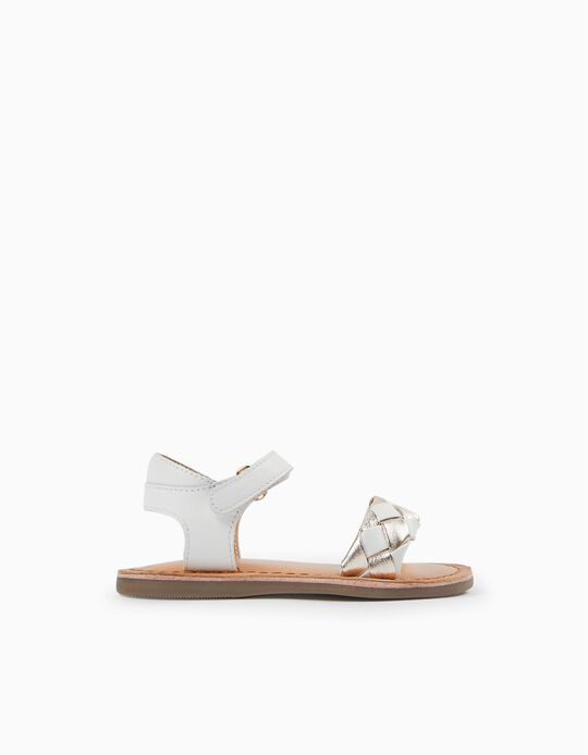 Leather Sandals for Girls, White/Gold