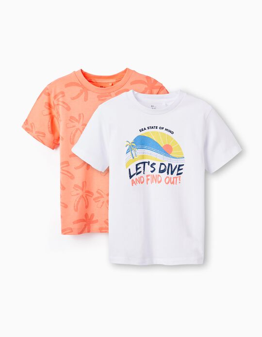 2 Cotton T-shirts for Boys 'Sunset', White/Coral