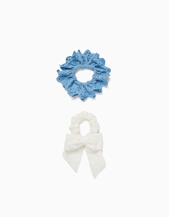Pack 2 Elásticos Scrunchie com Bordado Inglês para Bebé e Menina, Azul/Branco