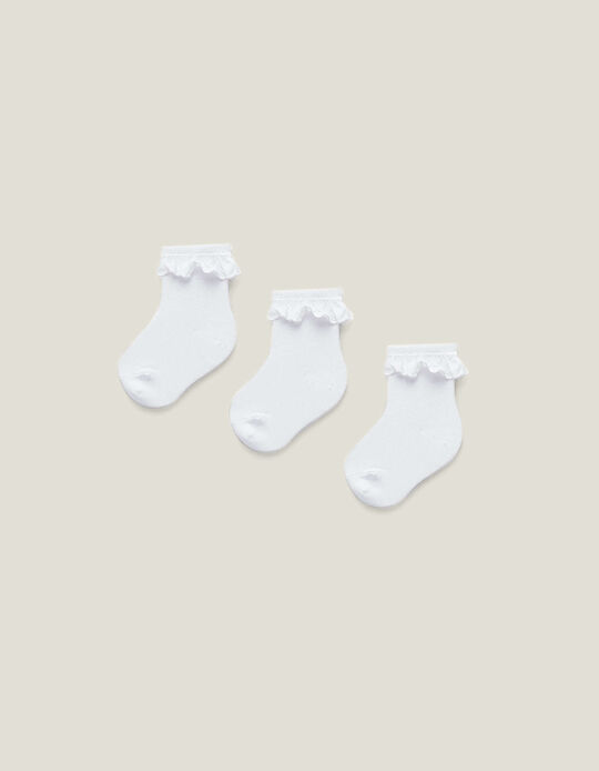 3 Pairs of Socks with Lace for Baby Girls, White