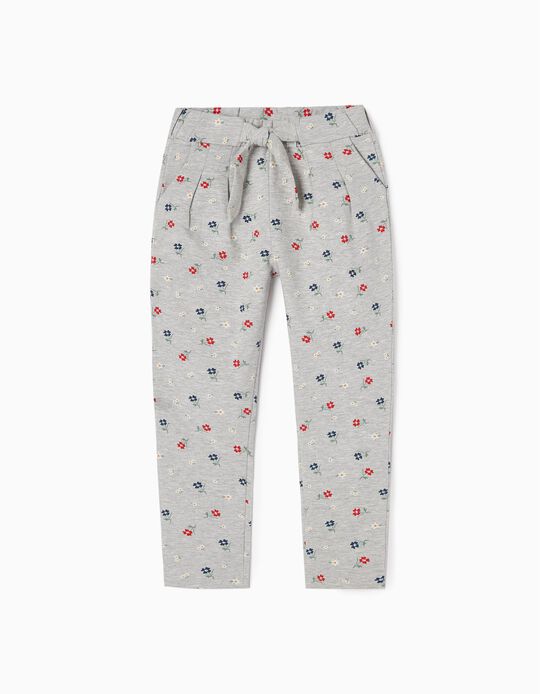 Cotton Joggers with Floral Motif for Baby Girls, Grey