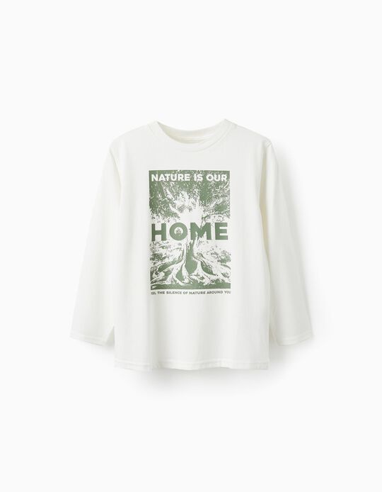 T-Shirt de Manga Comprida para Menino 'Nature is Our Home', Branco
