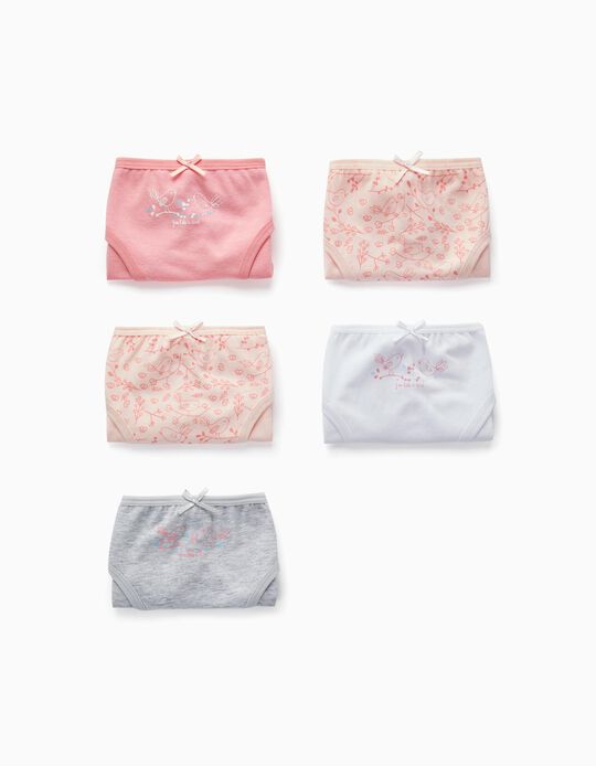 5 Pairs of Briefs for Girls 'Free Like a Bird', White/Pink/Grey