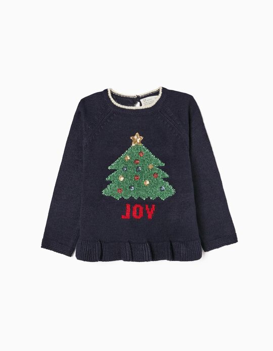 Camisola de Natal para Bebé Menina 'Árvore de Natal', Azul Escuro
