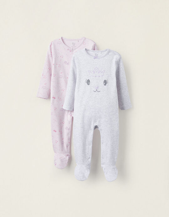 Pack of 2 Cotton Babygrows for Baby Girls 'Princess Kitten', Gray/Pink