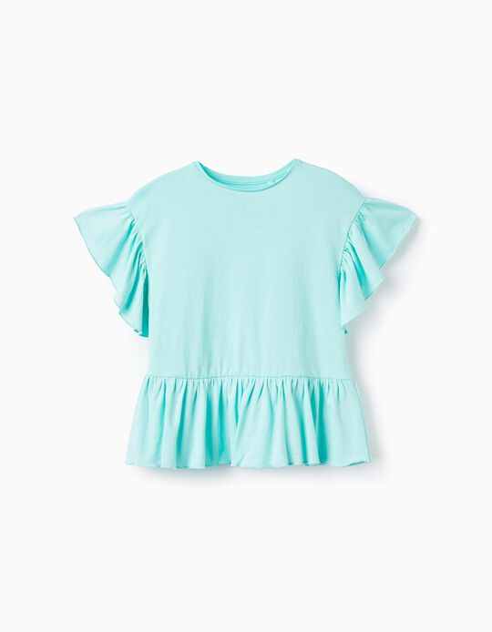 Cotton T-shirt with Ruffles for Girls, Aqua Green