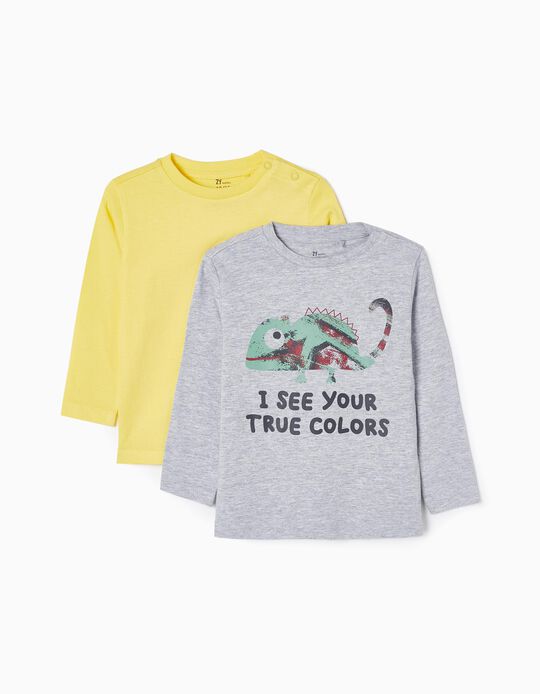 Pack 2 T-shirts de Manga Comprida em Algodão para Bebé Menino 'True Colors', Cinza/Amarelo