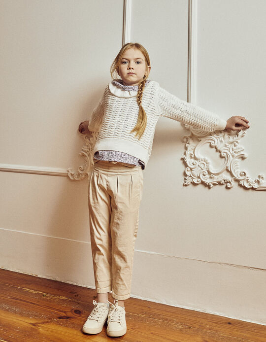 Cotton Twill Paperbag Trousers for Girls, Beige