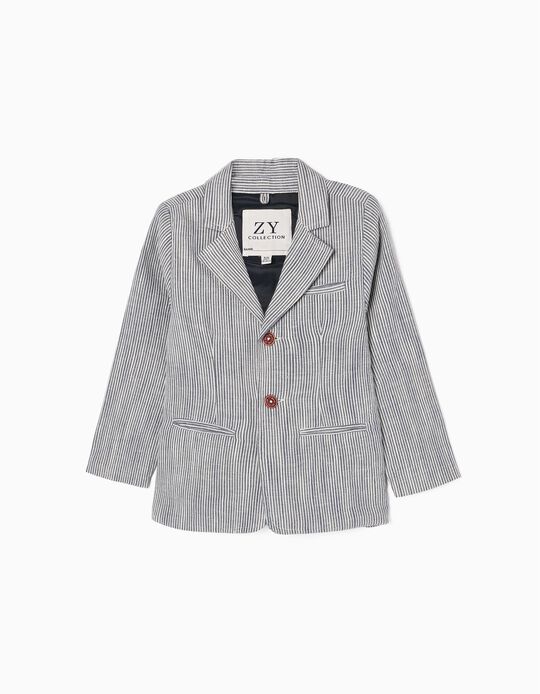 Striped Blazer in Cotton and Linen for Boys, White/Blue