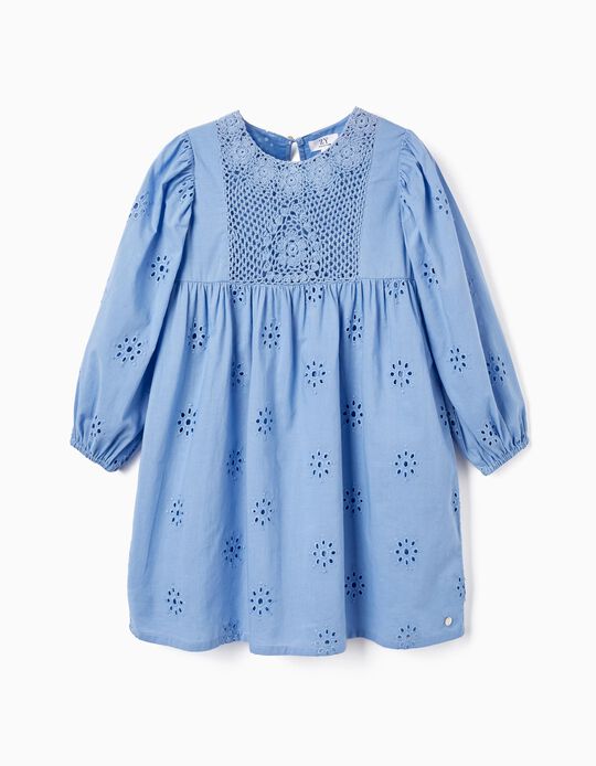 Cotton Dress with Crochet and English Embroidery for Girls, Blue