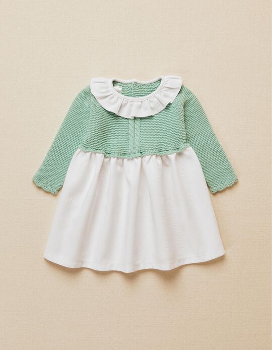 Dual Fabric Dress for Newborn Baby Girls, Aqua Green/White