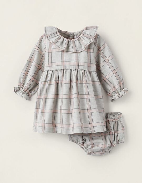 Checkered Dress + Bloomers for Baby Girls, Pink/Light Grey