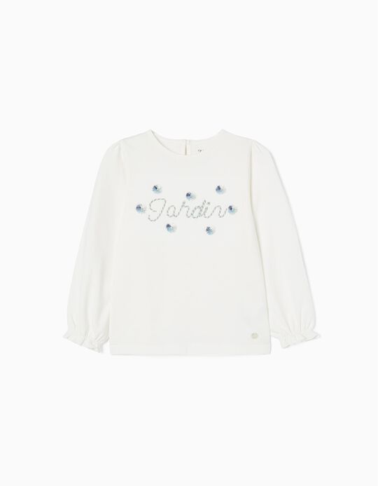 T-shirt com Mini Pompons para Menina 'Jardin', Branco