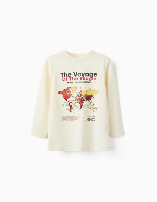T-shirt de Algodão para Menino 'Voyage', Bege Claro