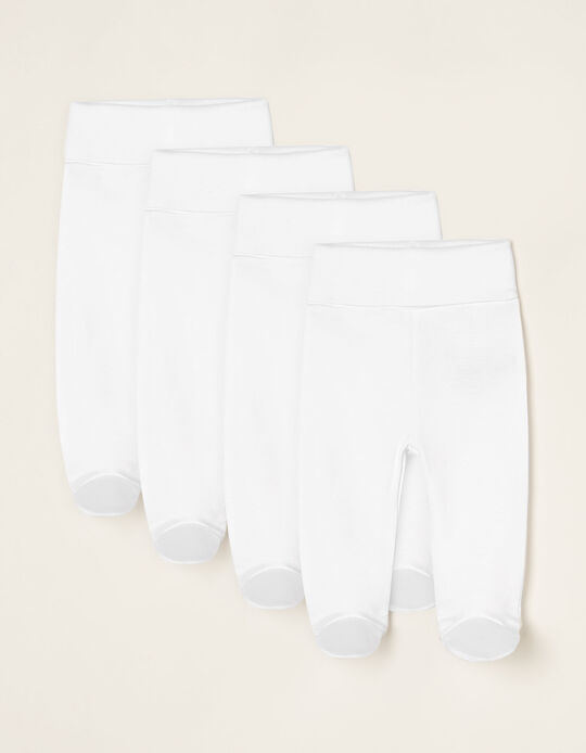 4 Pantalones con Pies de Algodón para Bebé, Blancos