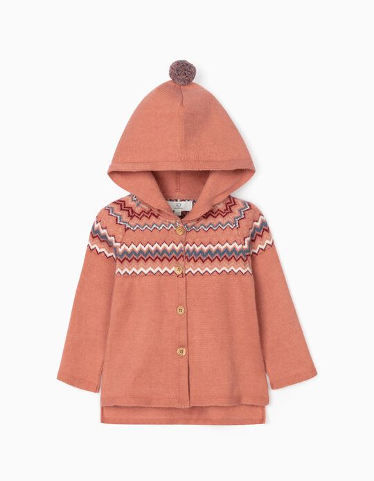 Jacquard Knit Hooded Cardigan for Baby Girls, Coral