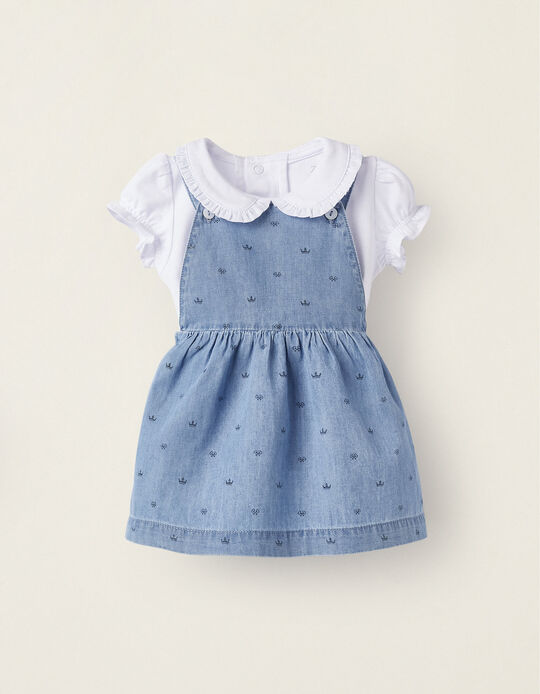 Cotton T-shirt + Pinafore for Newborn Baby Girls 'Princess', Blue/White