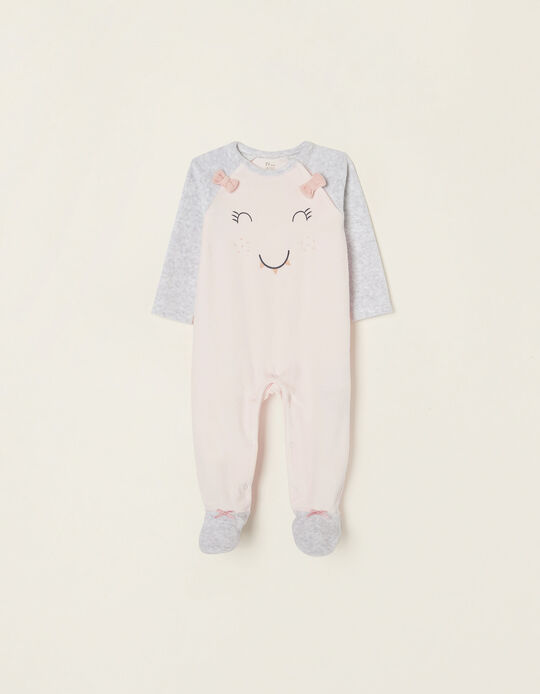 Velour Sleepsuit in Cotton for Baby Girls, Pink/Grey