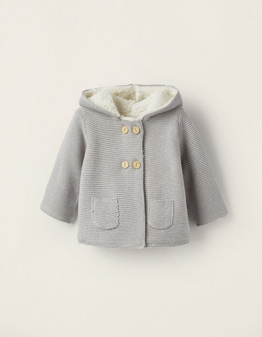 Knitted Cardigan with Fur and Hood for Newborn Girls, Grey/White