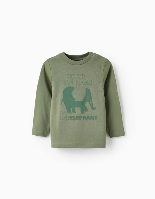 T-Shirt de Manga Comprida para Bebé Menino 'Irrelephant', Verde Escuro