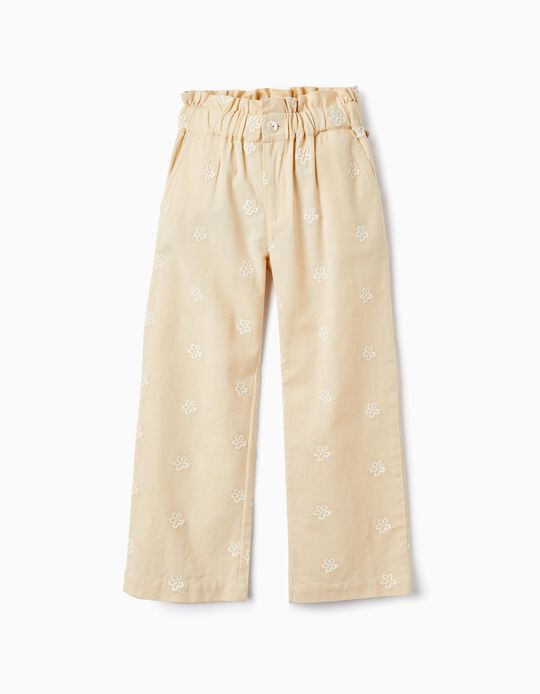 Trousers in Cotton and Linen Blend with Embroidered Flowers for Girls, Beige
