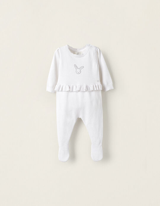 Knitted Jumpsuit with Ruffles and Feet for Newborn Girls 'Rabbit', White