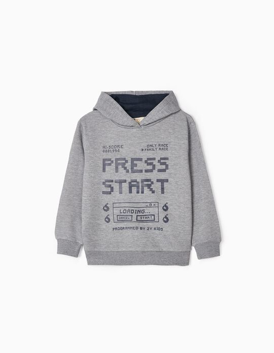 Brushed Cotton Sweatshirt with Hood for Boys 'Press Start', Grey