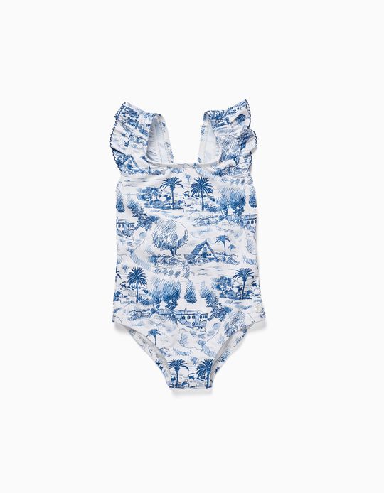 Fato de Banho Proteção UV 80 com Folhos para Bebé Menina 'You&Me', Branco/Azul