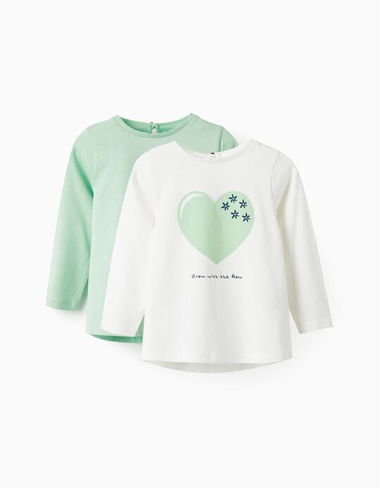 Pack of 2 Long Sleeve T-Shirts for Baby Girls, White/Green