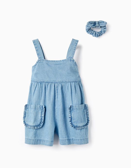 Denim Jumpsuit + Scrunchie for Baby Girls, Blue