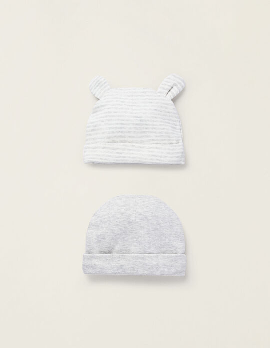 Buy Online Pack of 2 Cotton Beanies for Newborns, White/Grey