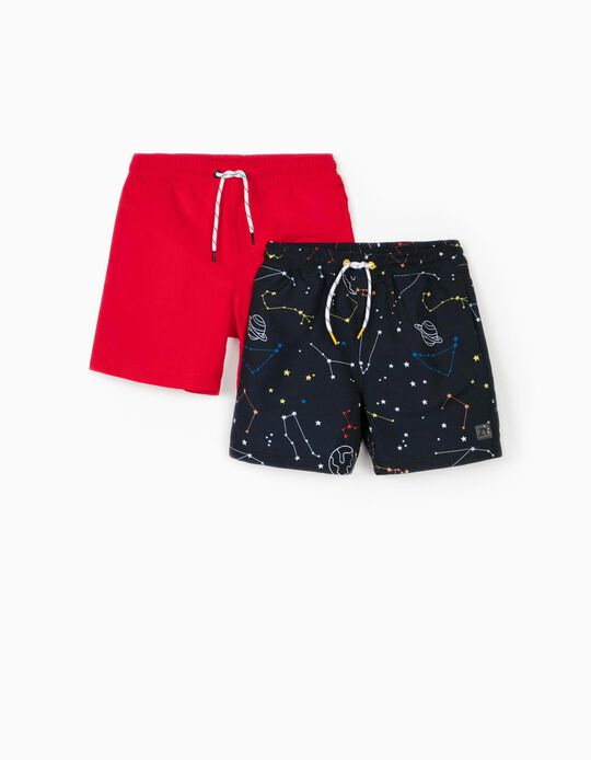 2 Swim Shorts for Boys, 'Solar System', Dark Blue/Red