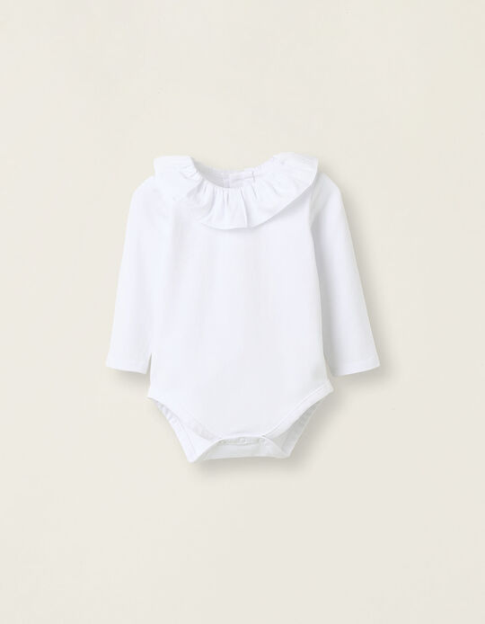 Bodysuit-Blouse with Ruffles in Cotton for Newborn Girls, White
