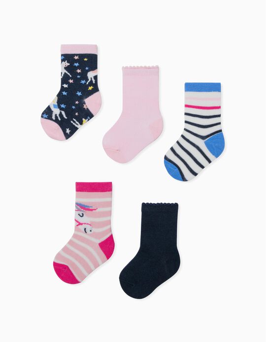 5 Pairs of Socks for Baby Girls, 'Unicorns', Multicoloured