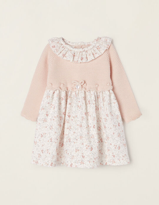 Dual Fabric Dress for Newborn Baby Girls, Pink/White