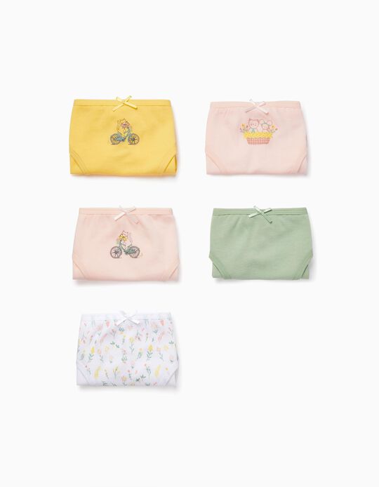 Pack 5 Cuecas de Algodão para Menina 'Flores & Gatos', Multicolor