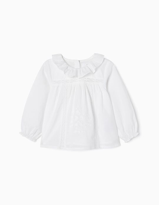 Cotton Blouse with Lace for Baby Girls, White