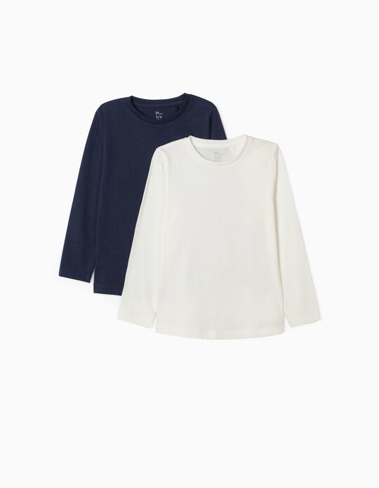 Acheter en ligne 2 T-Shirts Manches Longues Unis Fille, Blanc/Bleu Foncé