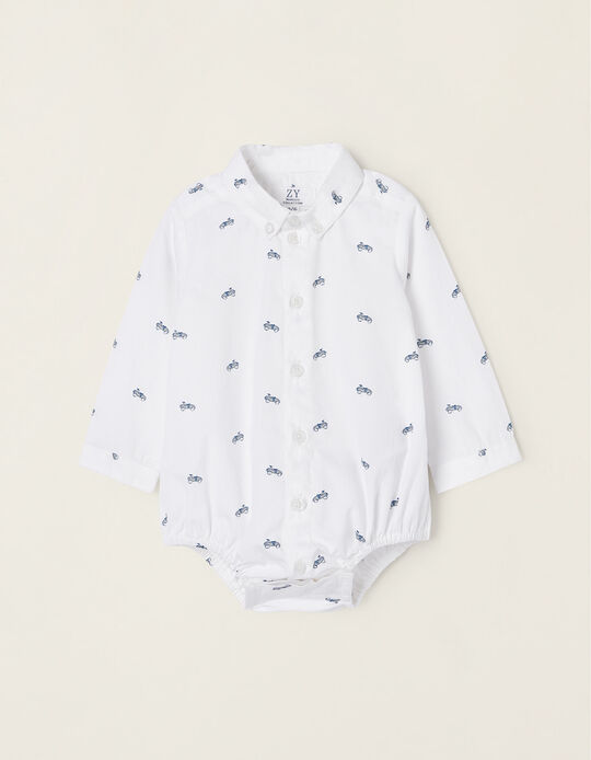 Cotton Bodysuit-Shirt for Newborn Baby Boys 'Cars', White
