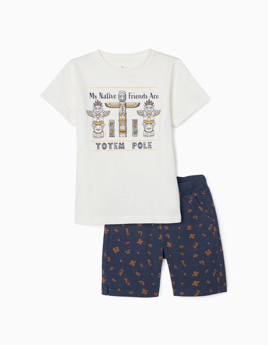 T-Shirt + Shorts for Boys 'Totem Pole', White/Dark Blue