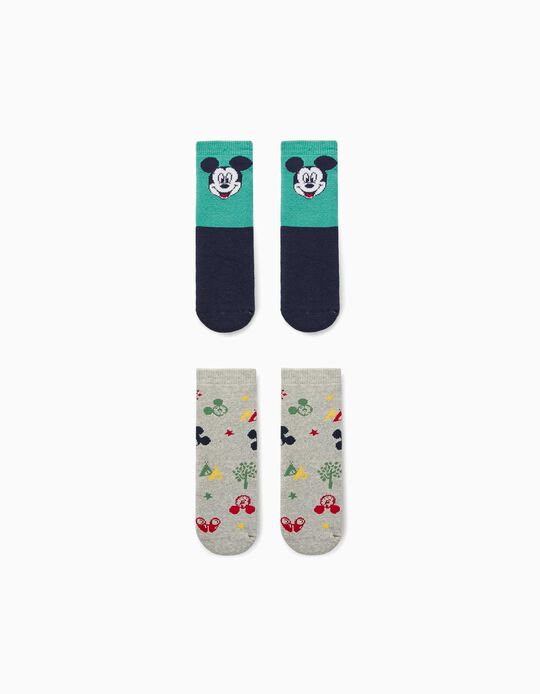2 Pairs of Non-Slip Socks for Baby Boys 'Mickey', Multicoloured